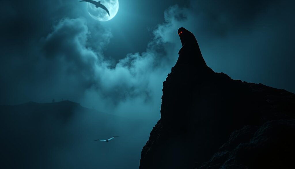 Mothman with large red eyes